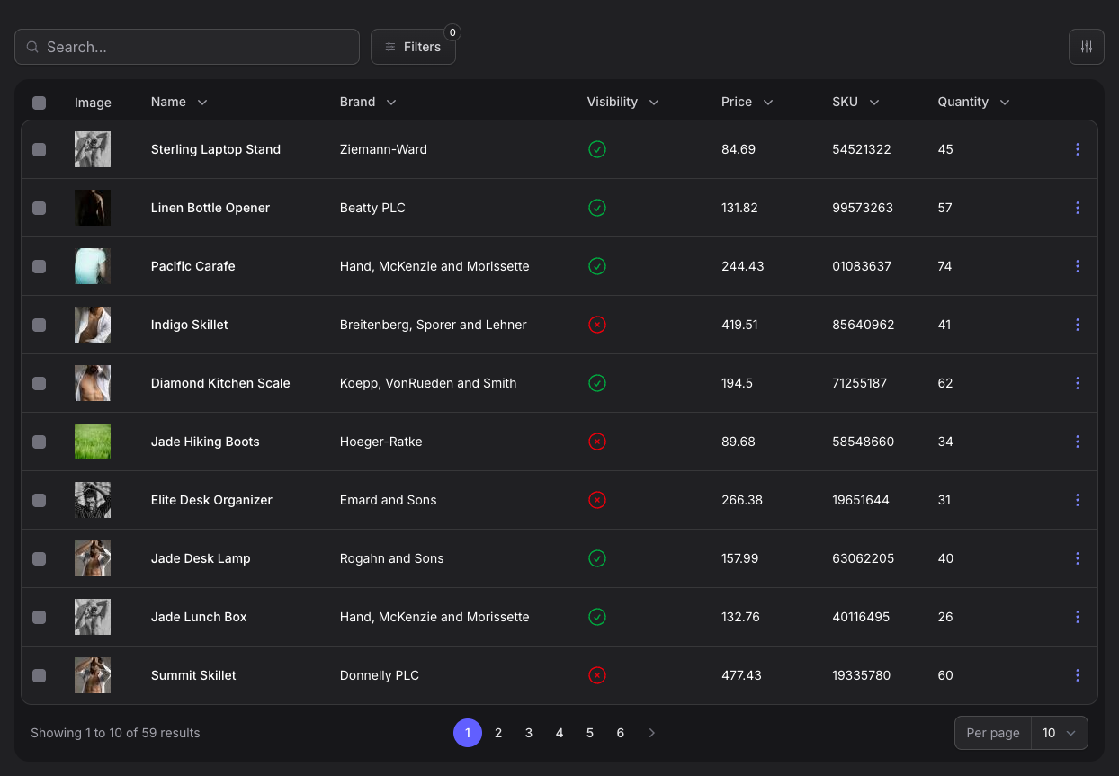 Stature Theme product table overview in dark mode