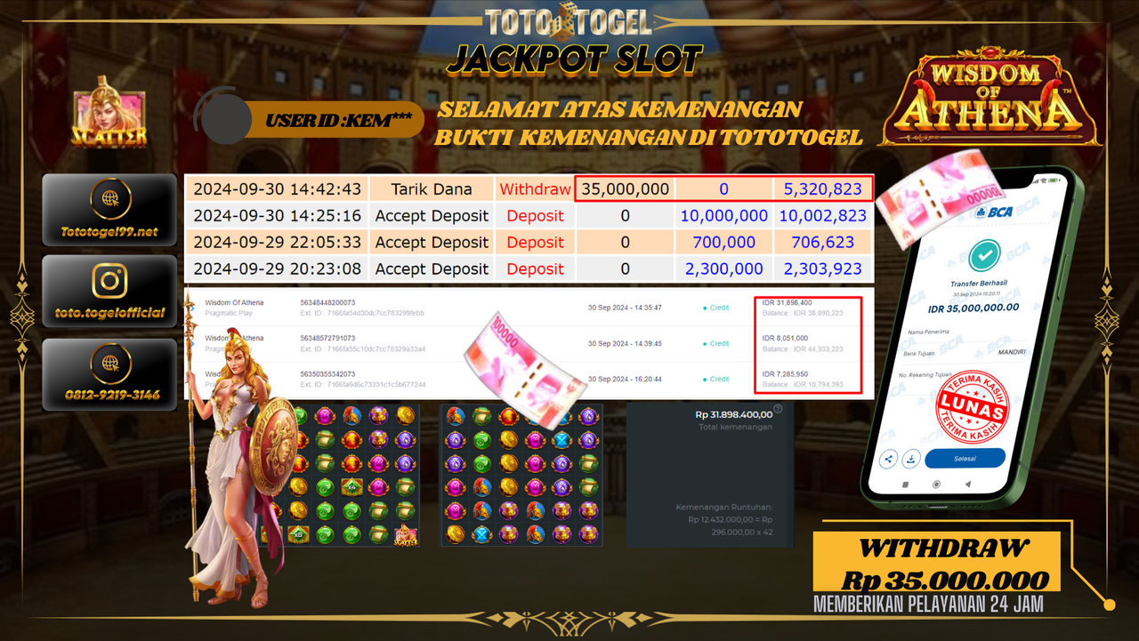 Bukti Kemenangan Permainan Slot Wisdom Of Athena  ID : KEM** Terbayar Lunas!!