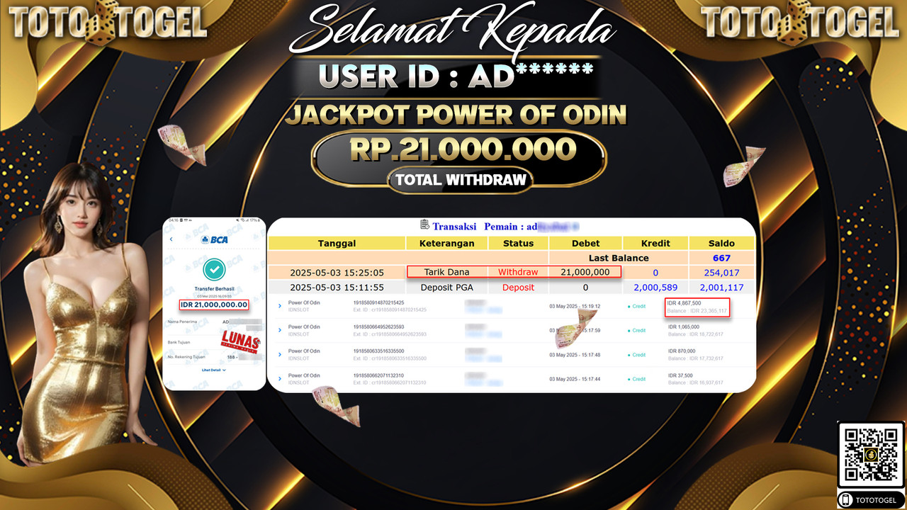 Bukti Pembayaran Jackpot  Permainan Slot Power Of Odin ID:AD***** LUNAS