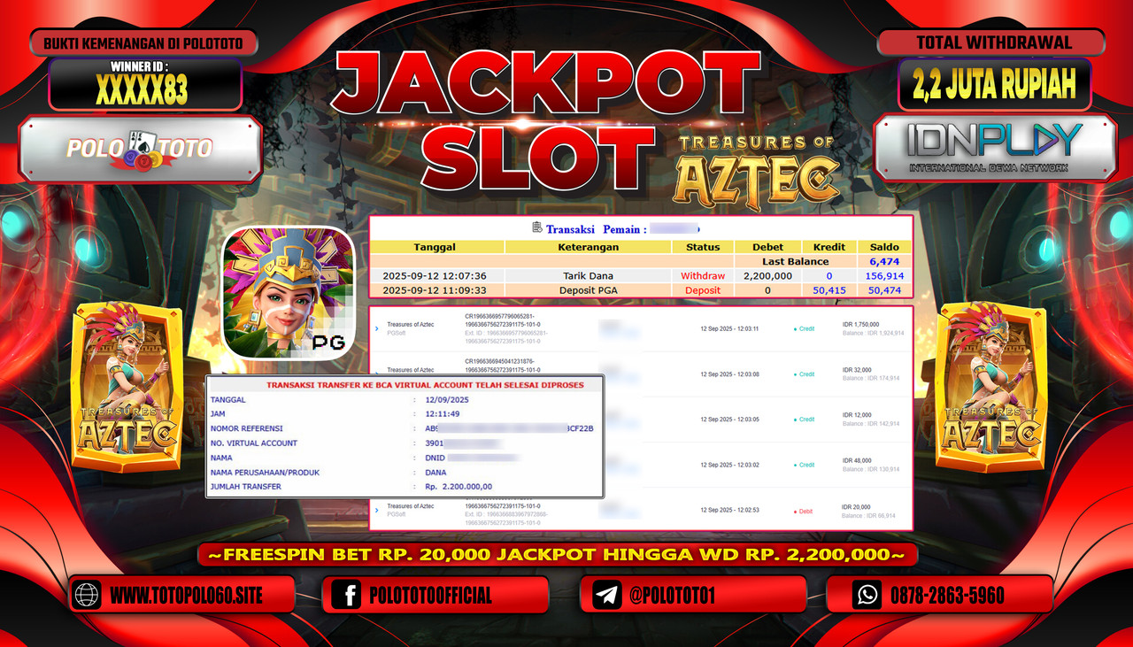 POLOTOTO JACKPOT SLOT TREASURES OF AZTEC Rp.2.200.000,-LUNAS