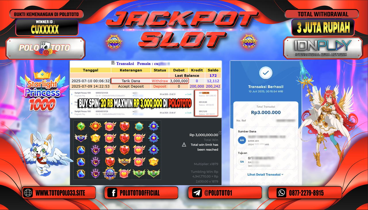 POLOTOTO JACKPOT SLOT STARLIGHT PRINCESS 1000 Rp.3.000.000,-