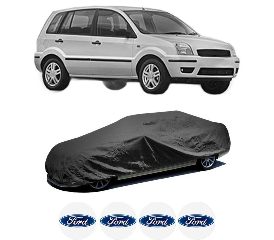 Husa tip prelata auto pentru FORD FUSION (JU_) din 2002-2012, Culoare Negru, material textil impermeabil, rezistanta la intemperii praf UV, CARPASSION Husa Protectie, 4 Stickere auto cu FORD