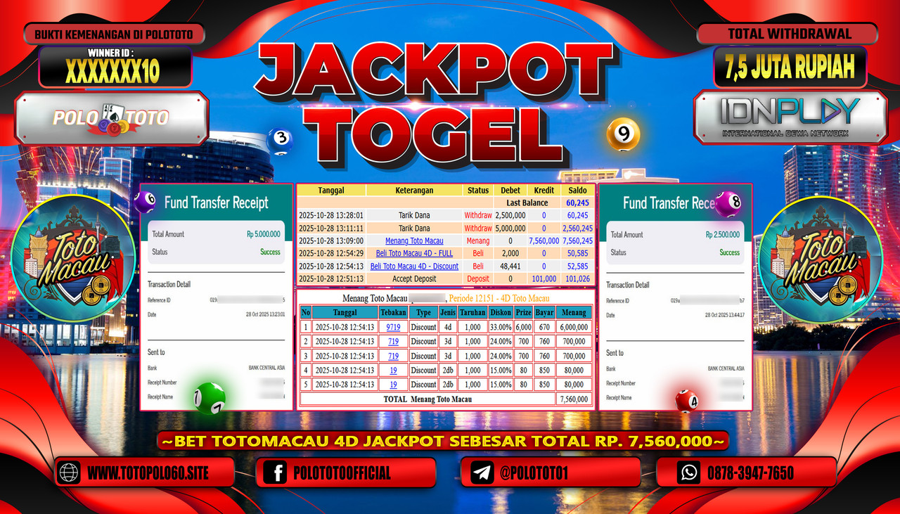 POLOTOTO JACKPOT TOGEL TOTO MACAU Rp.7.500.000,- LUNAS