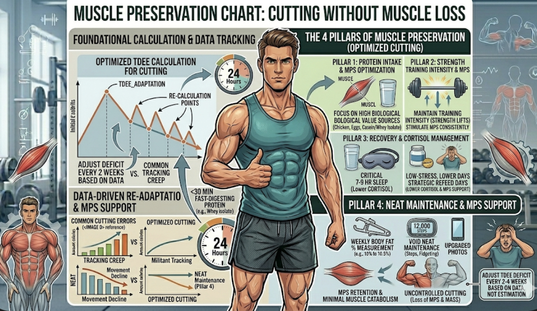 Muscle preservation infographic showing high protein intake and strength training for cutting without muscle loss