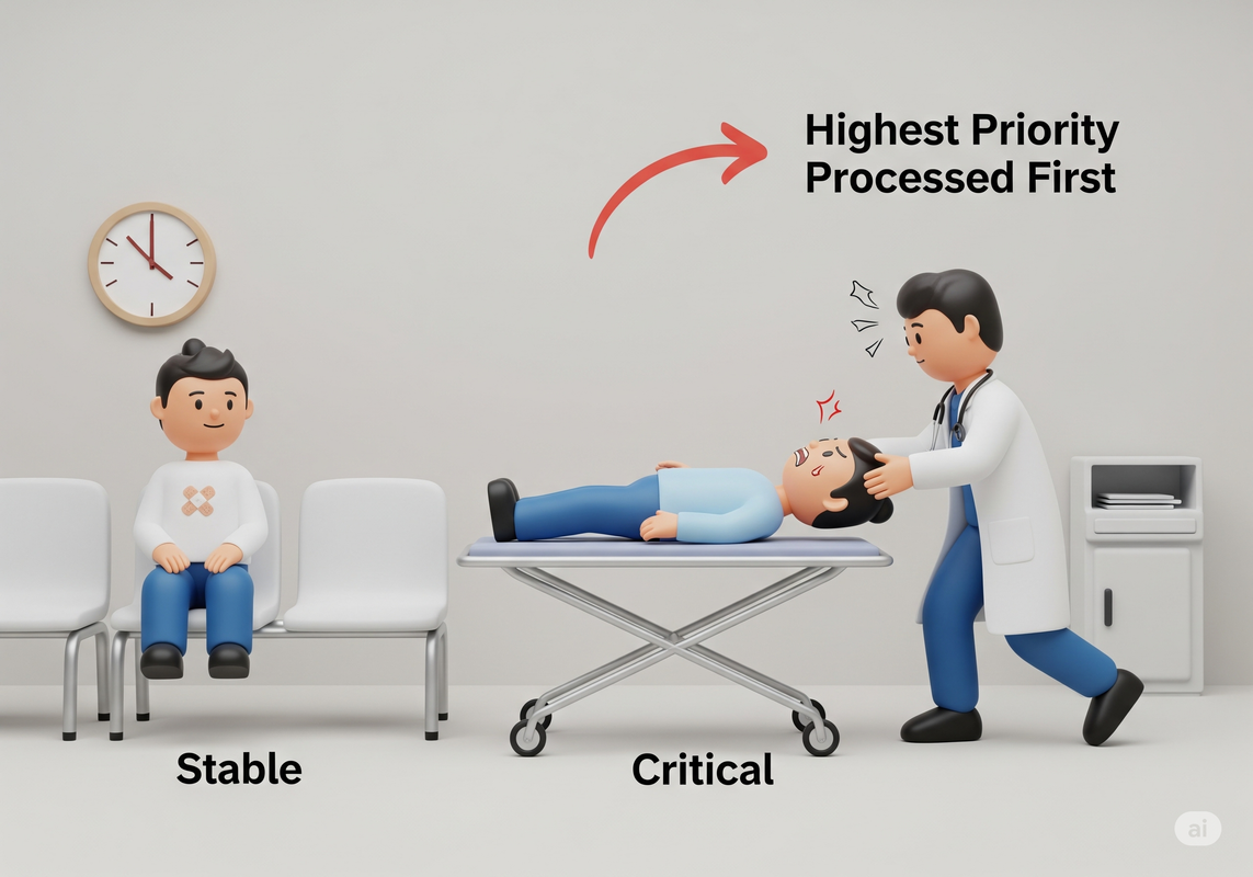 An illustration of an emergency room waiting area, representing a priority queue.