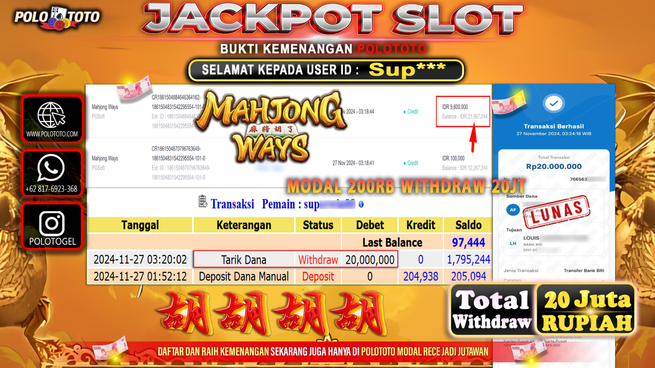 POLOTOTO JACKPOT SLOT MAHJONG WAYS  Rp.20.000.000,-