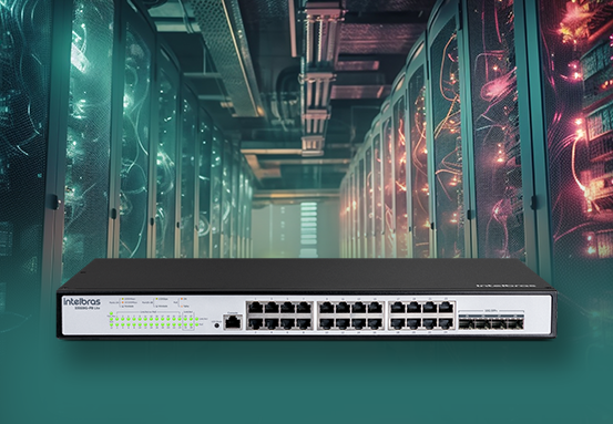 Detalhe do Switch S3028G-PB Lite, mostrando o potencial de alta potência PoE.