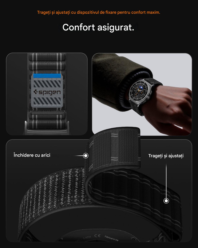 Curea pentru Samsung Galaxy Watch8 40mm/Watch8 44mm/Watch8 Classic Spigen, Inchidere velcro, Material textil, Albastru inchis id galaxy watch8 classic wbf0 05