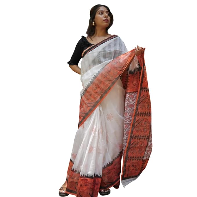 Hand Block Printed White Saree with Red Border and Delicate Design