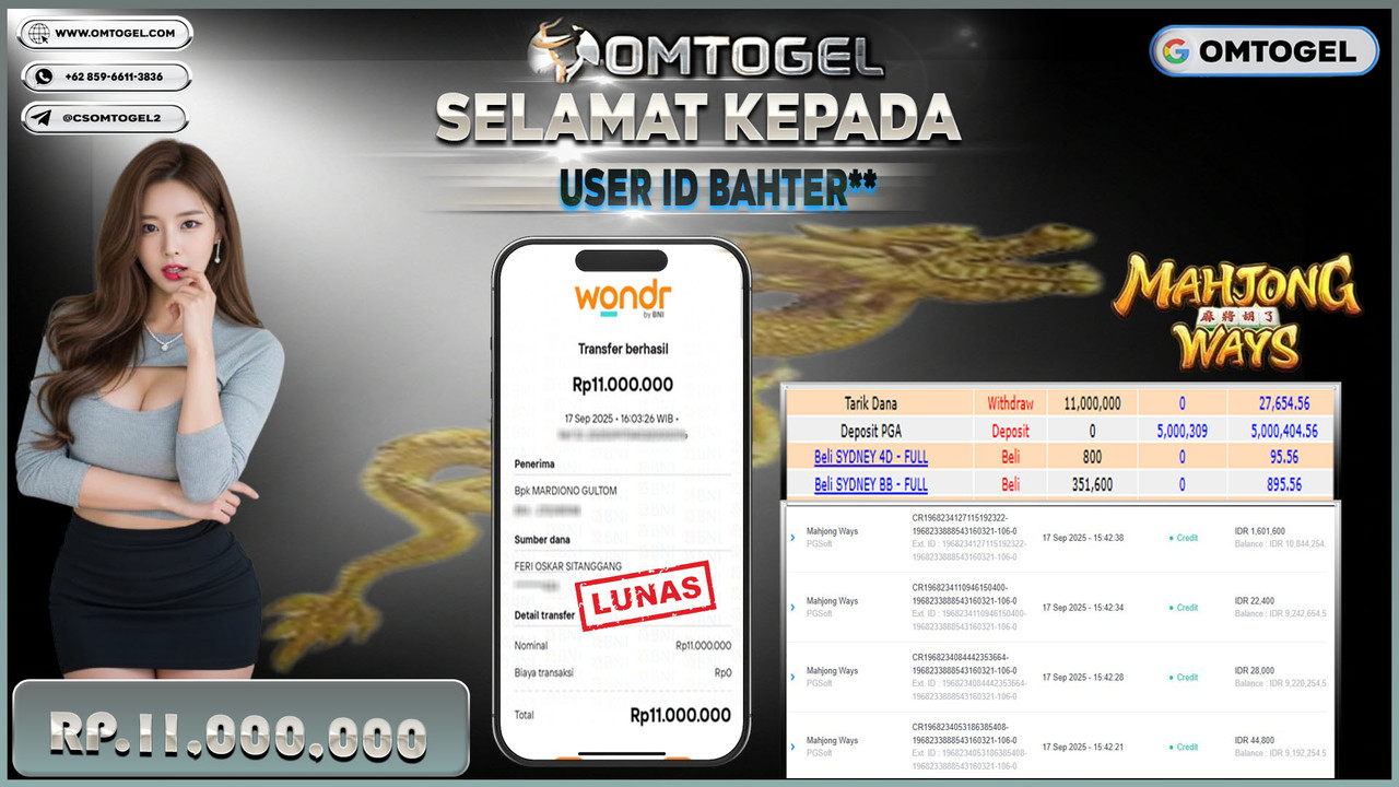 OMTOGEL JACKPOT PGSOFT MAHJONG WAYS 11 JUTA DI BAYAR LUNAS ,-