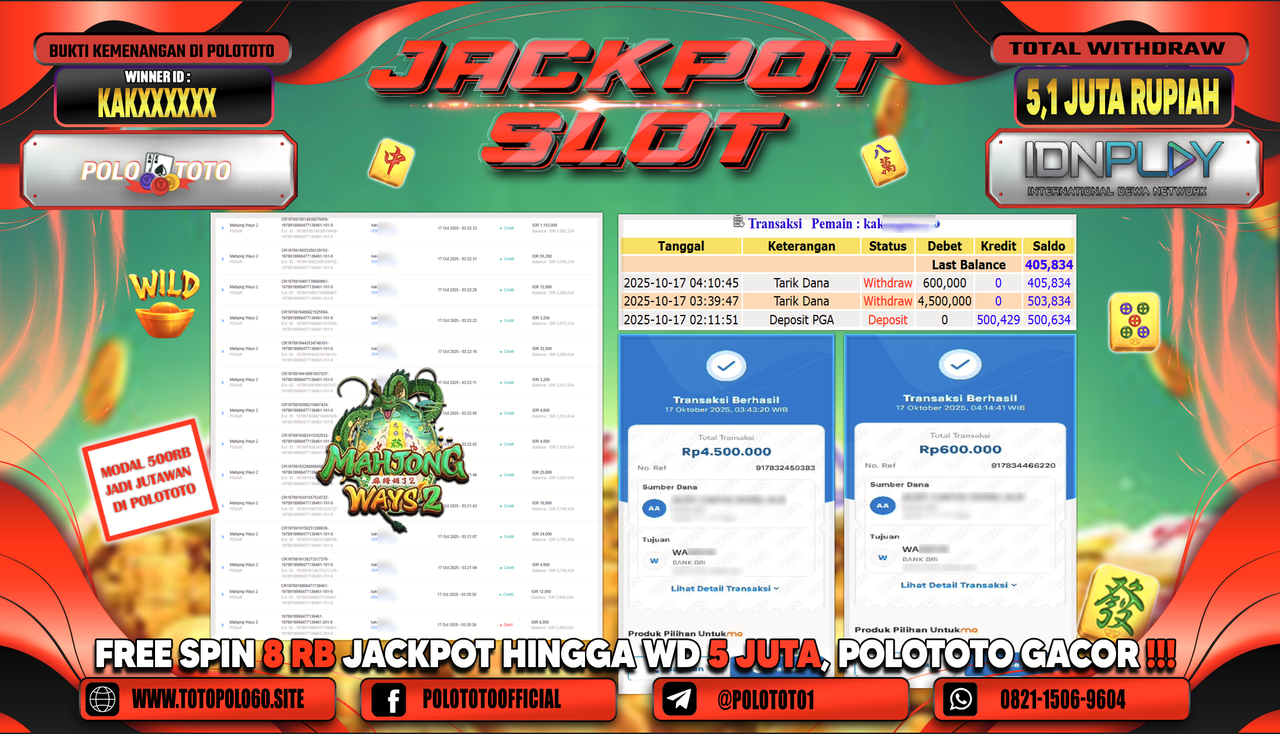 POLOTOTO JACKPOT SLOT MAHJONG WAYS 2 Rp.5.100.000,-