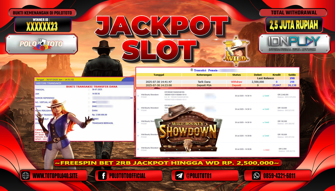 POLOTOTO JACKPOT SLOT WILD BOUNTY SHOWDOWN Rp.2.500.000,-LUNAS