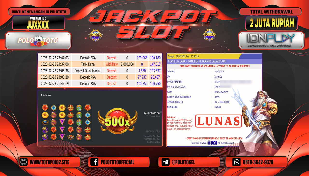 POLOTOTO JACKPOT GATES OF OLYMPUS Rp.2.000.000,- LUNAS