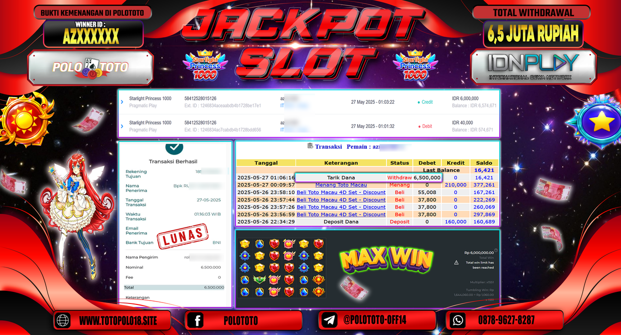 POLOTOTO JACKPOT SLOT STARLIGHT PRINCESS 1000 Rp.6.500.000,-