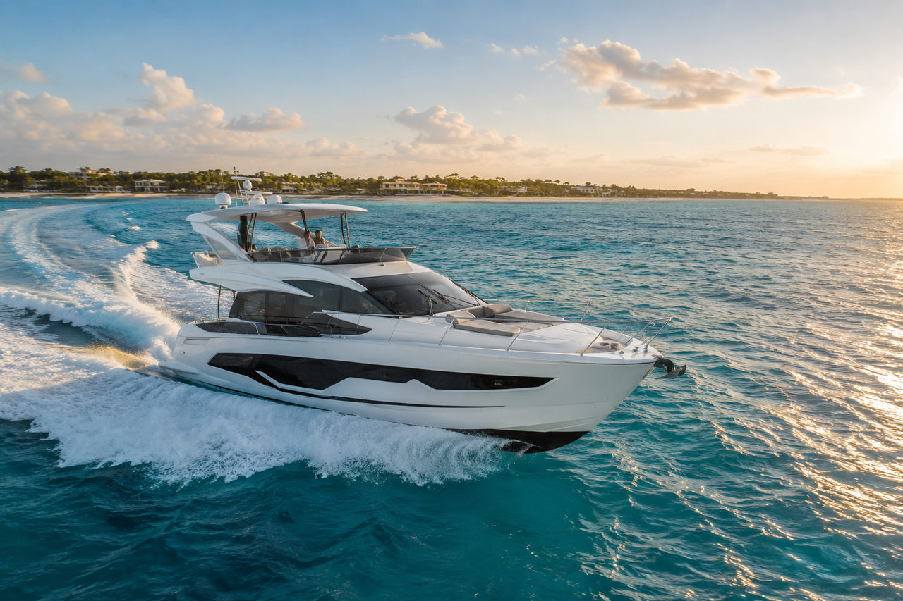 Yacht flybridge controls looking onto wide open tropical sea waters