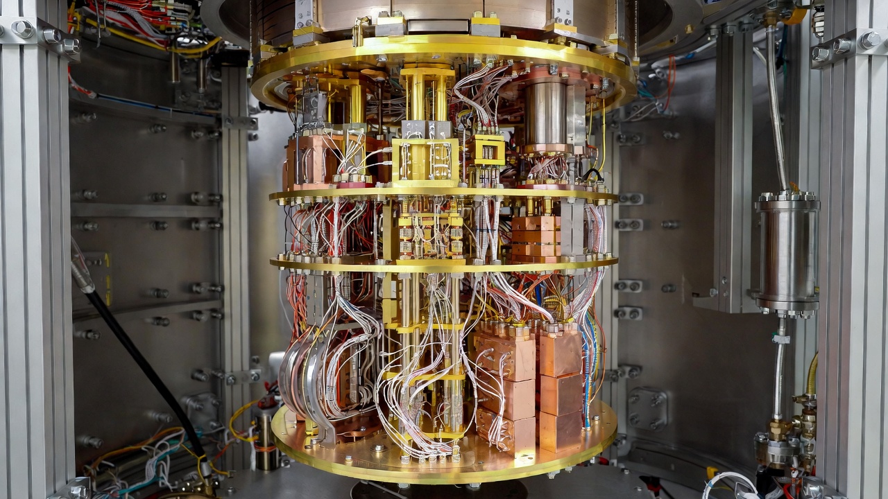 Actual quantum computer hardware inside a dilution refrigerator showing gold-plated wiring and cooling layers