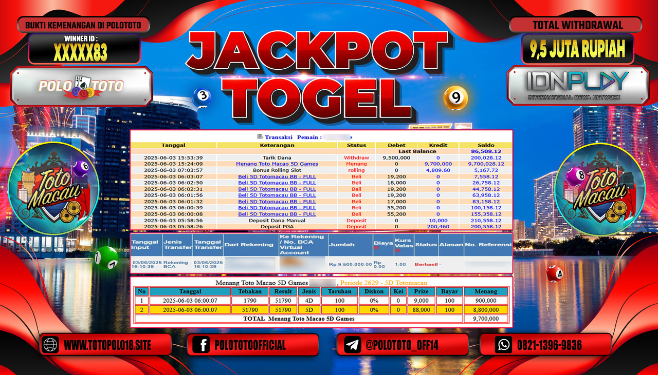 POLOTOTO JACKPOT TOGEL TOTOMACAU 5D Rp.9.500.000,-