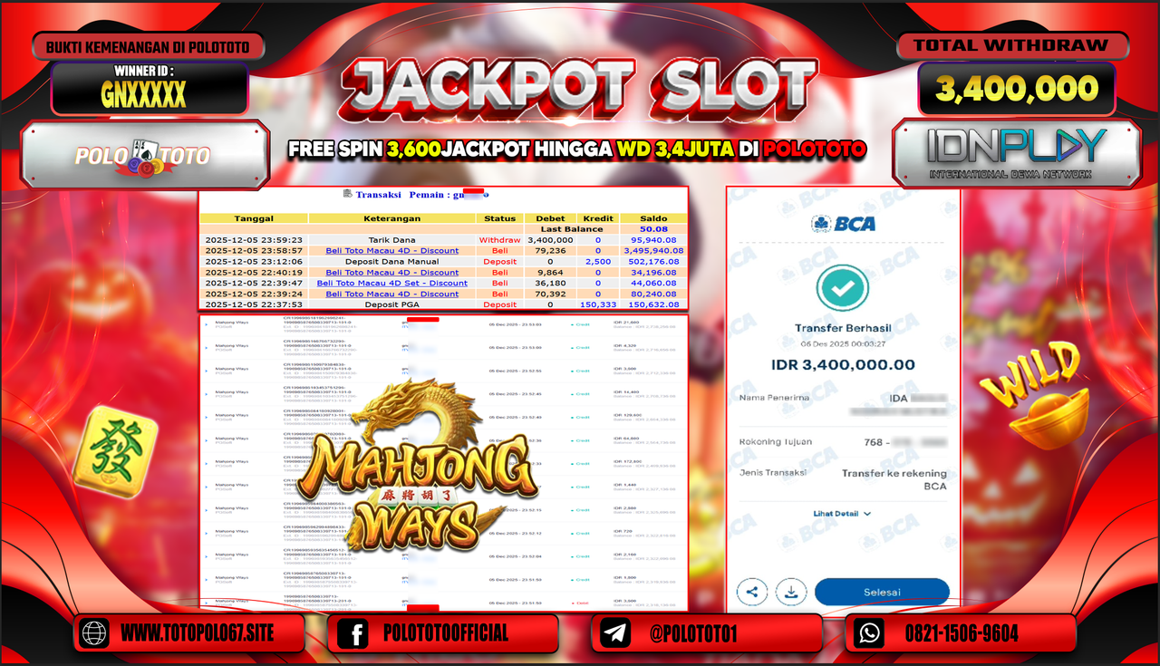 POLOTOTO JACKPOT SLOT MAHJONG WAYS Rp.3.400.000,- LUNAS