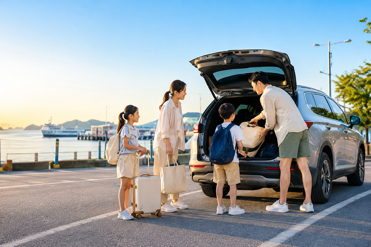 아침 일찍 차량에 여행 짐을 싣고 출발하는 가족