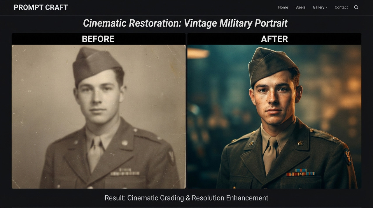AI-generated example result for the upscaling prompt: Basic Photo to Cinematic Film Grade Old Image to New Image by Prompt Craft