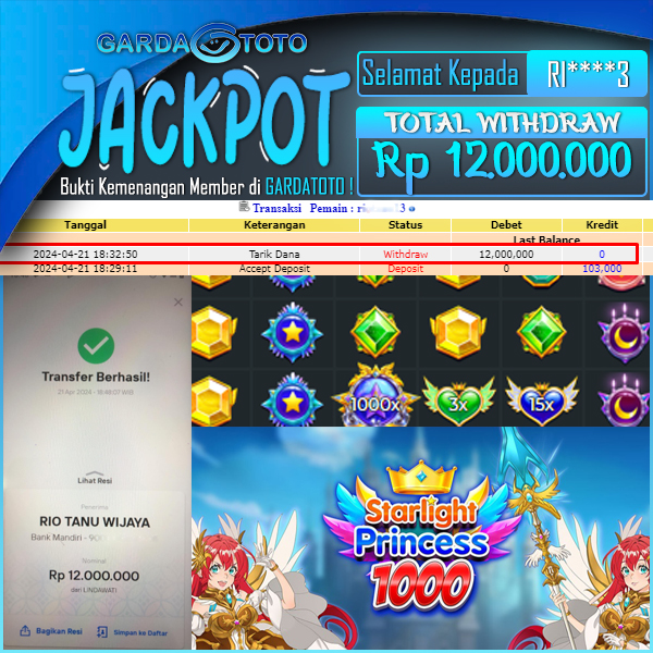 JACKPOT SLOT MAIN DI SLOT STARLIGHT PRINCESS 1000 WD Rp 12.000.000,- DIBAYAR LUNAS GARDATOTO MANTAP !
