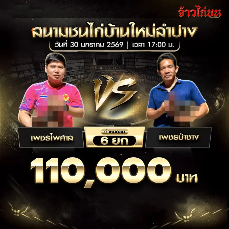 โปรแกรมไก่ชน เพชรไฟศาล พบ เพชรป่าช้าง ชิงเงิน 110,000 บาท ชน 6 ยก สนามชนไก่บ้านใหม่ลำปาง วันที่ 30 มกราคม 2569 เวลา 17:00 น.