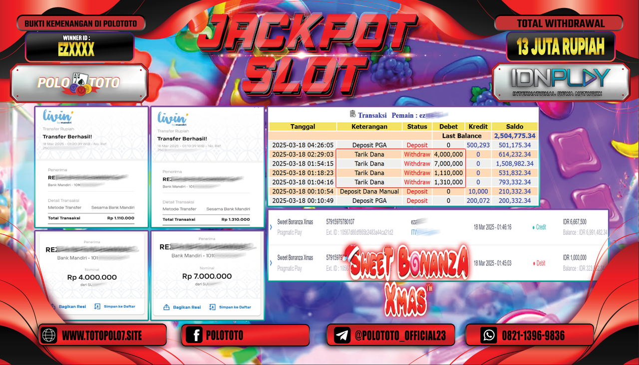 POLOTOTO JACKPOT SLOT SWEET BONANZA XMAS Rp.13.000.000,-