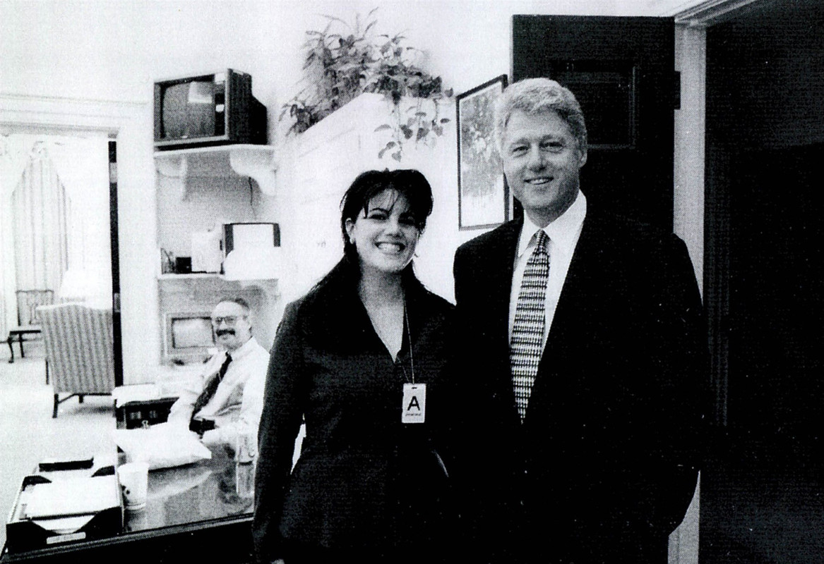 Former White House intern Monica Lewinsky meets President Bill Clinton at the White House. This photo was submitted as evidence in documents by the Starr investigation.