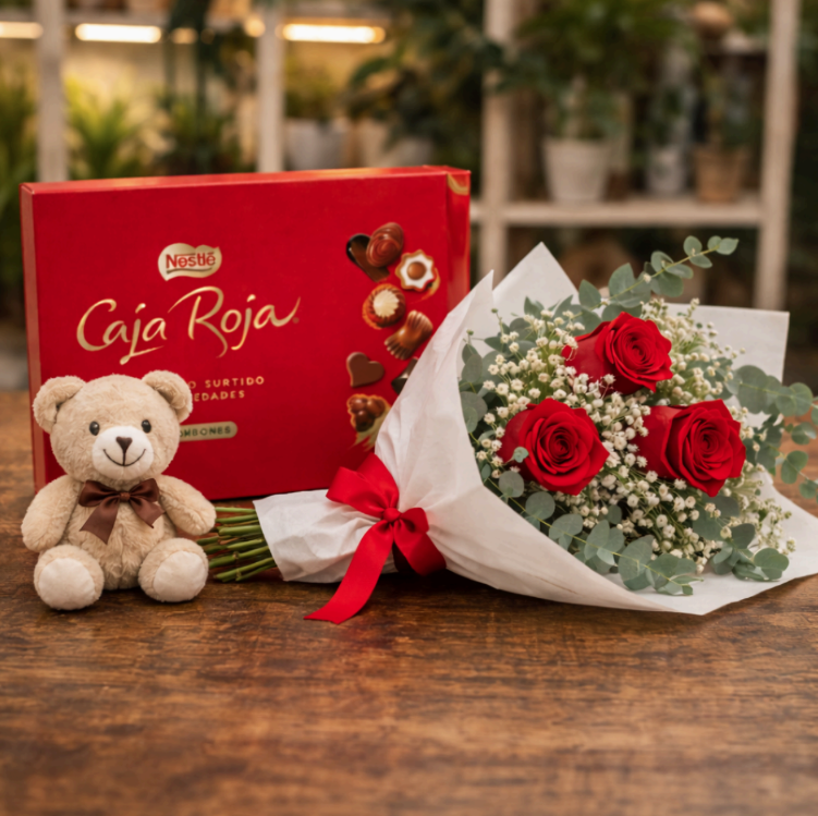 Ramo Tres Rosas Rojas Con Osito Y Bombones