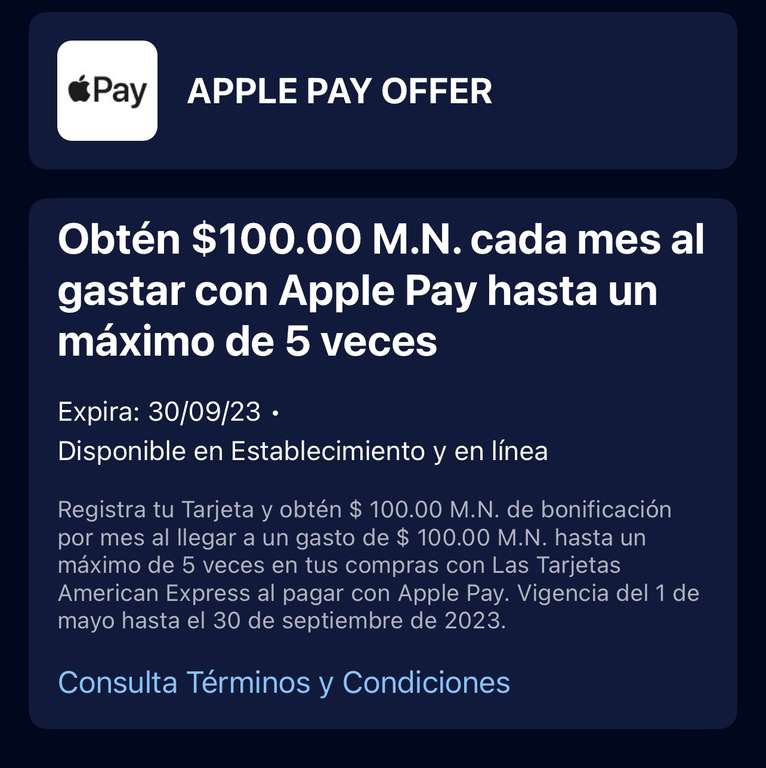 AMEX: $100 de cashback al gastar $100 ó más con Apple Pay (hasta 5 veces)