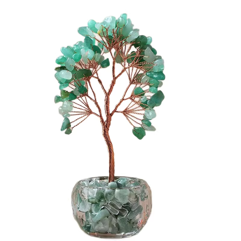 Green Natural Crystal Tree Ornament – Handmade Miniature Decorative Tree with Glass Base for Home, Office & Gift