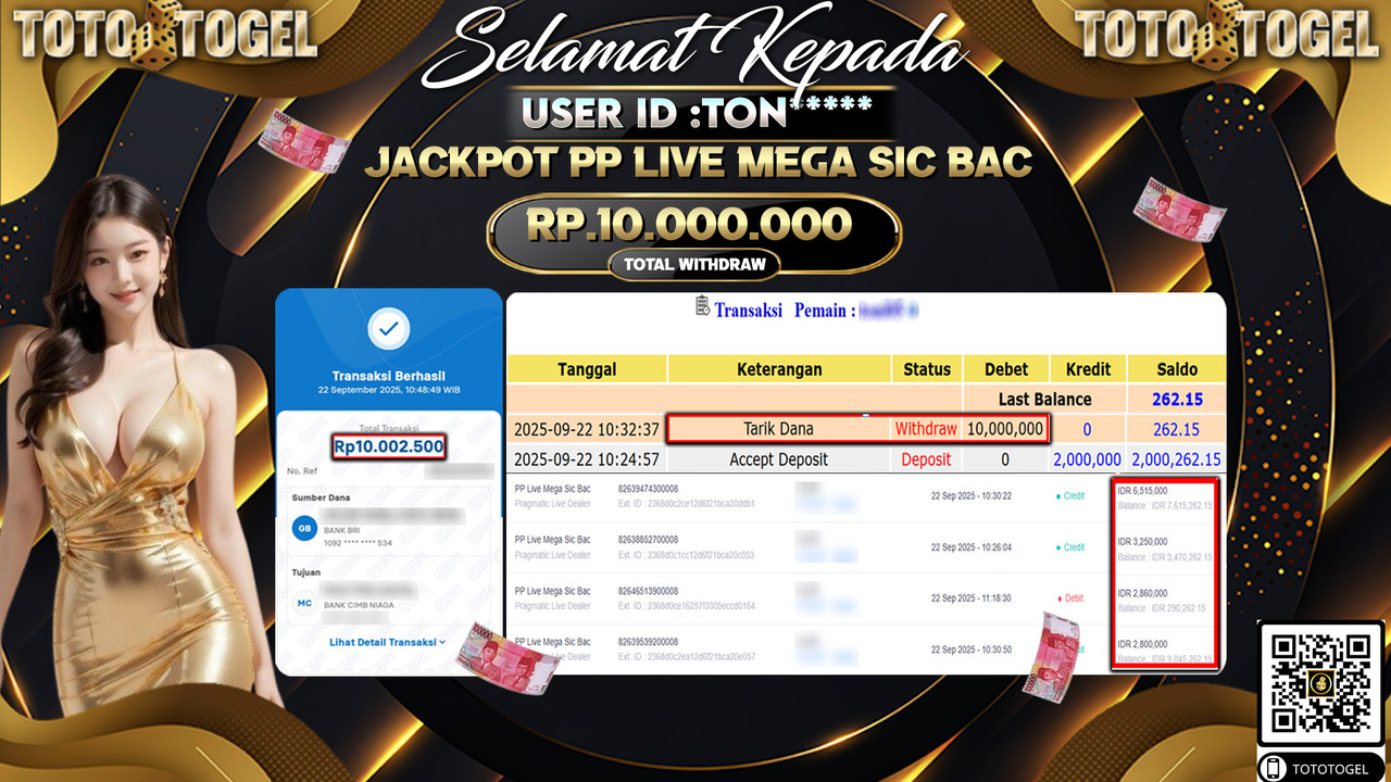 Bukti Pembayaran Jackpot Permainan PP Live Mega Sic Bac  ID:TON*** LUNAS