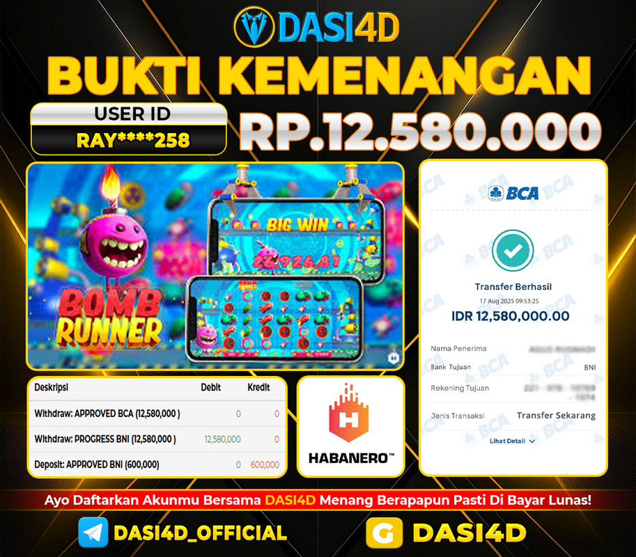 BUKTI KEMENANGAN 17 AGUSTUS 2025 DI BOMB RUNNER WD 12.580.000