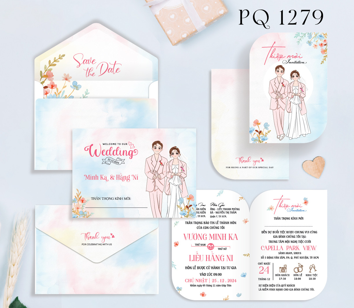 Thiệp chibi hiện đại tone hồng xanh (1279)