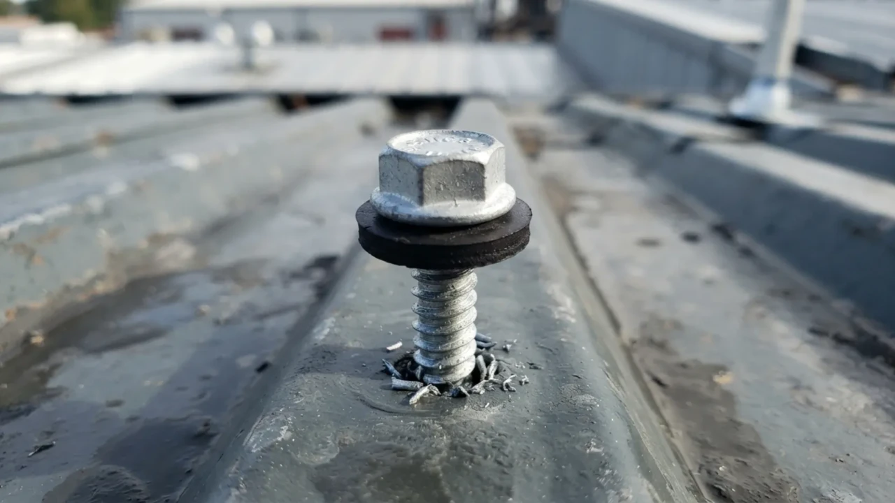 Metal roofing EPDM gasketed fastener screws and standing seam floating clips close-up