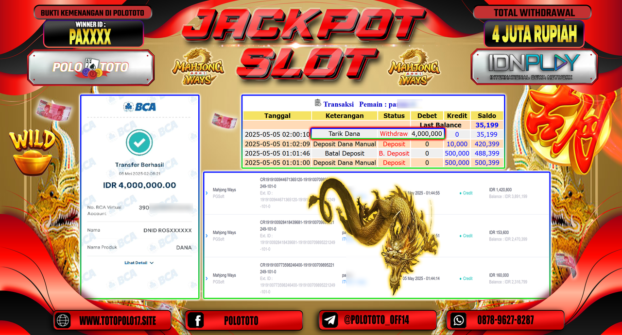 POLOTOTO JACKPOT SLOT MAHJONG WAYS Rp.4.000.000,-