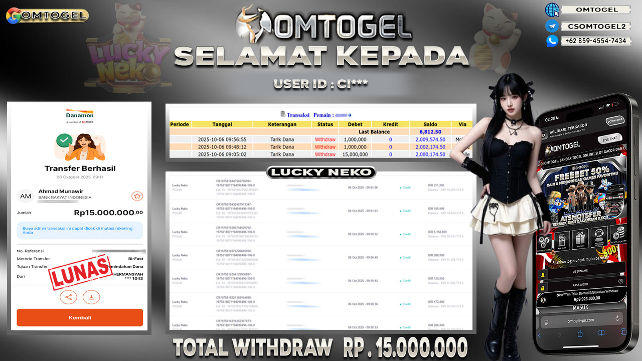 OMTOGEL JACKPOT PGSOFT LUCKY NEKO 15 JUTA DI BAYAR LUNAS ,-