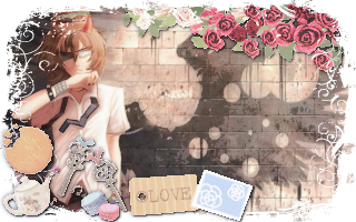 Main graphic of 007n7. He is standing behind a brick wall that has black wing graffiti, parodying the "Angel with a shotgun" image. On the top right, there are white roses painted red. To the bottom left, there is a cookie, a teapot, macarons, keys, a tag, and a stamp.