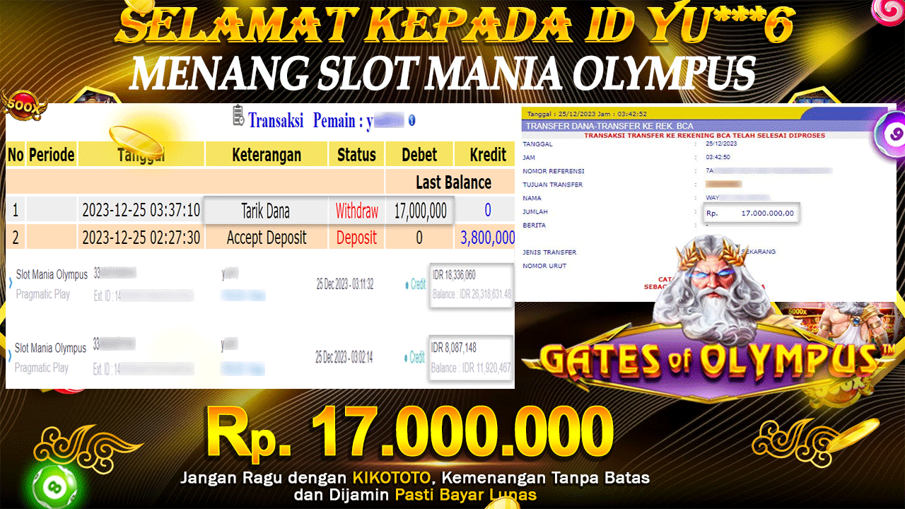 MENANG BESAR DI SLOT ONLINE SLOT MANIA OLYMPUS Rp 17,000,000 LANGSUNG DAN TANPA BASA BASI DI BAYAR KIKOTOTO !!!
