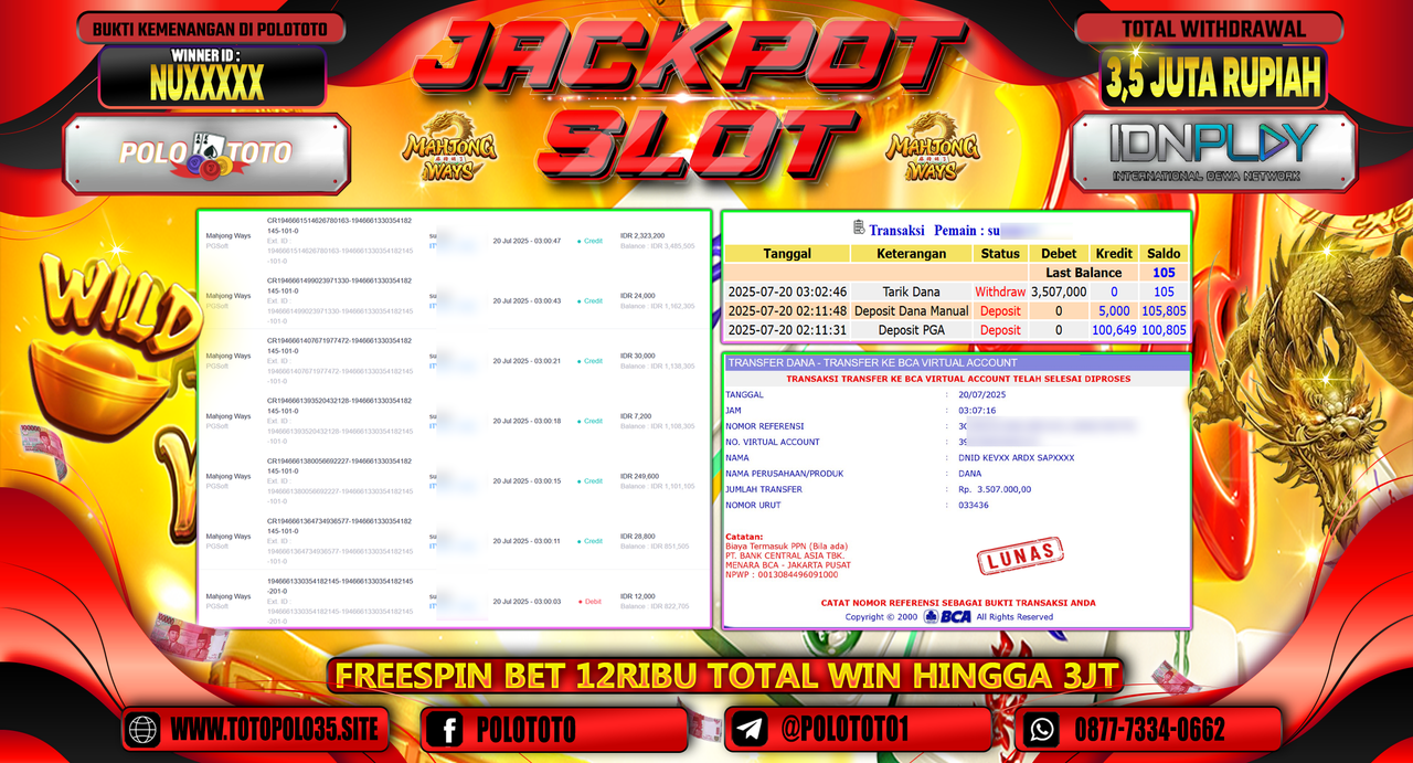 POLOTOTO JACKPOT SLOT MAHJONG WAYS Rp.3.500.000,- LUNAS