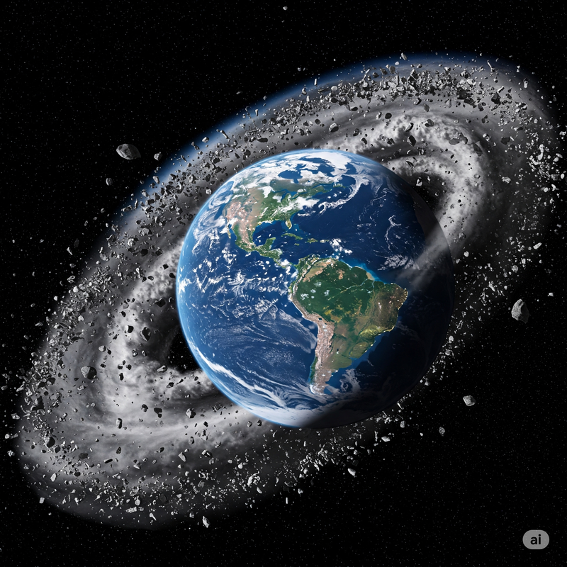 Earth surrounded by a dense and dangerous cloud of space debris in orbit.