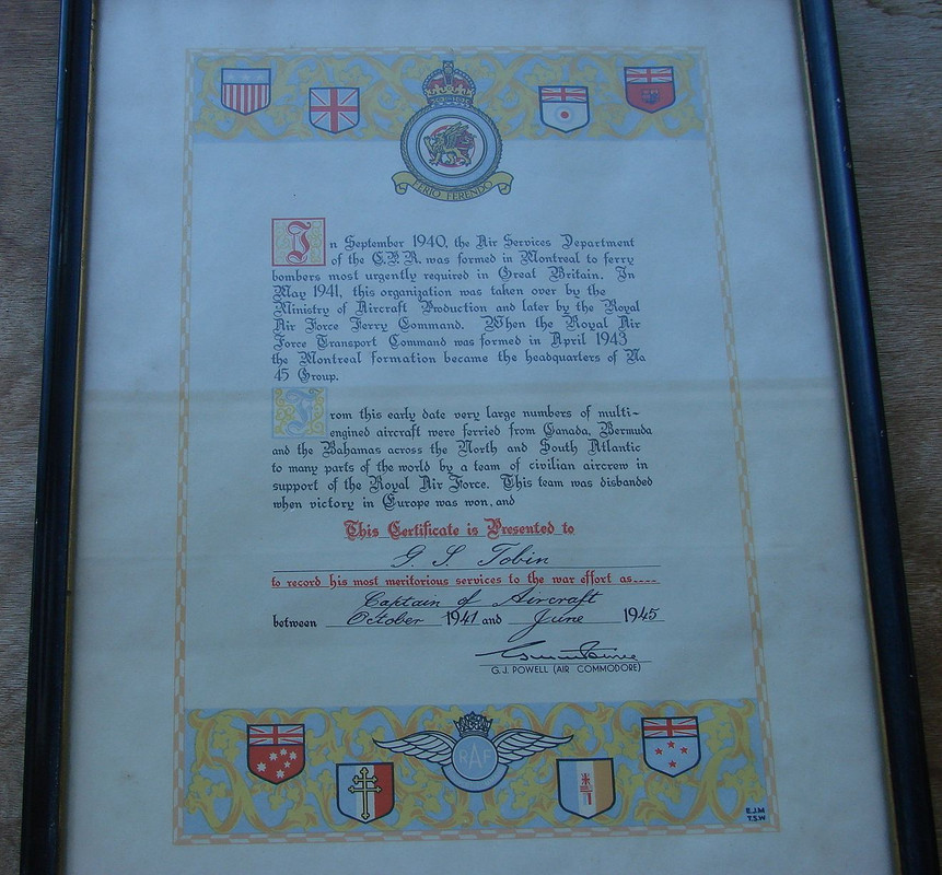 RAF Ferry Command Certificate indicating October  1941 date