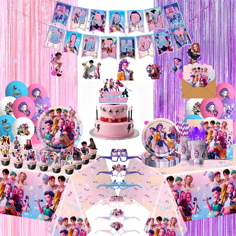 K POP猎魔女团主题生日派对用品151件套 图片8件套(7寸10 9寸10 纸巾20 纸杯10 拉旗1 刀10 叉10 勺10 桌布 大小插排 吊旋 气球 雨丝帘 粉邀请卡 眼镜12PCS