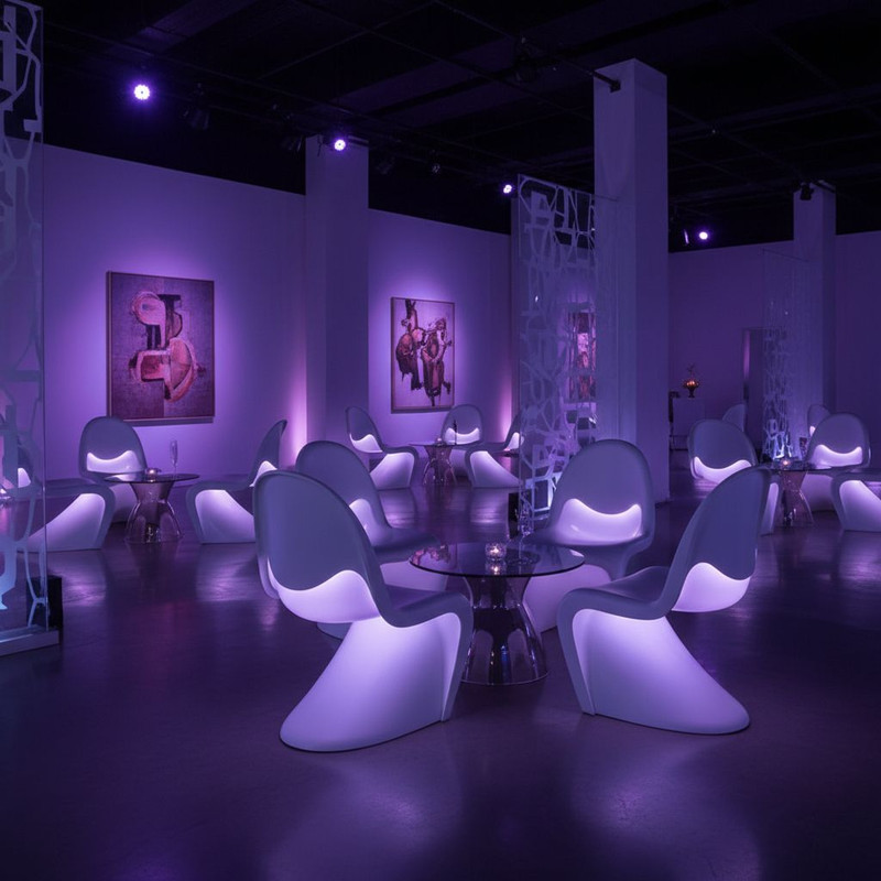 Футуристические дизайнерские стулья необычной формы с подсветкой в интерьере лаунж-зоны, подчеркивающие уникальную атмосферу тематического мероприятия.