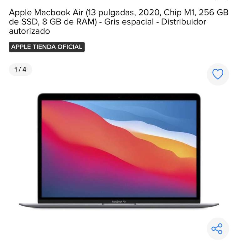 Mercado Libre: Apple Macbook Air (13 pulgadas, 2020, Chip M1, 256 GB de SSD, 8 GB de RAM) - Gris espacial con Banorte