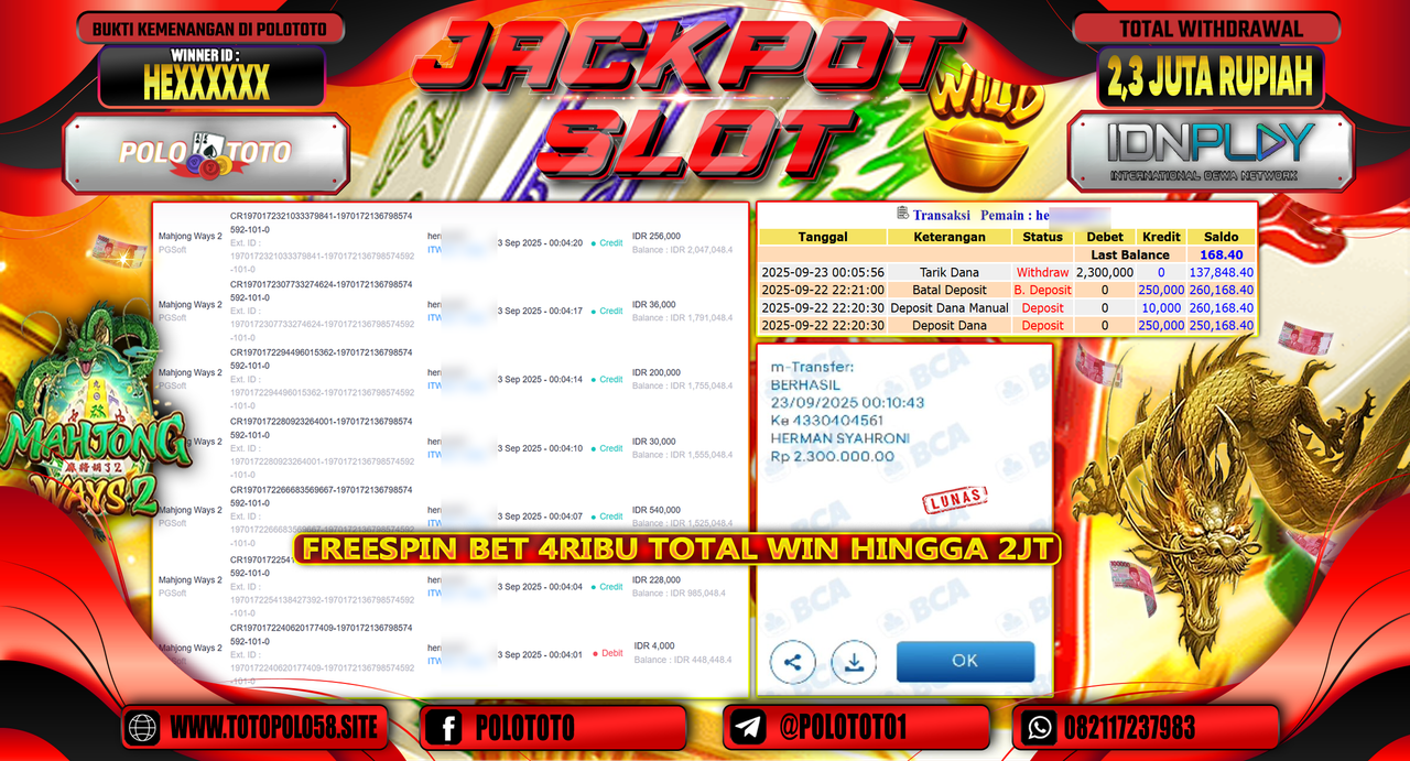 POLOTOTO JACKPOT SLOT MAHJONG WAYS 2 Rp.2.300.000,-