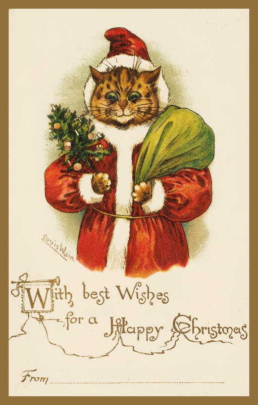 Louis_Wain_-_Cat_wearing_a_Father_Christmas_costume_(chromolitho)_-_(MeisterDrucke-994365)