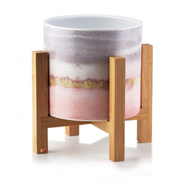 Ghiveci ceramic pentru flori Luxury cu suport din lemn, Ø 12,5, Inaltime 16.5 cm, Gri - Ghivece pentru flori - Mercaton Store