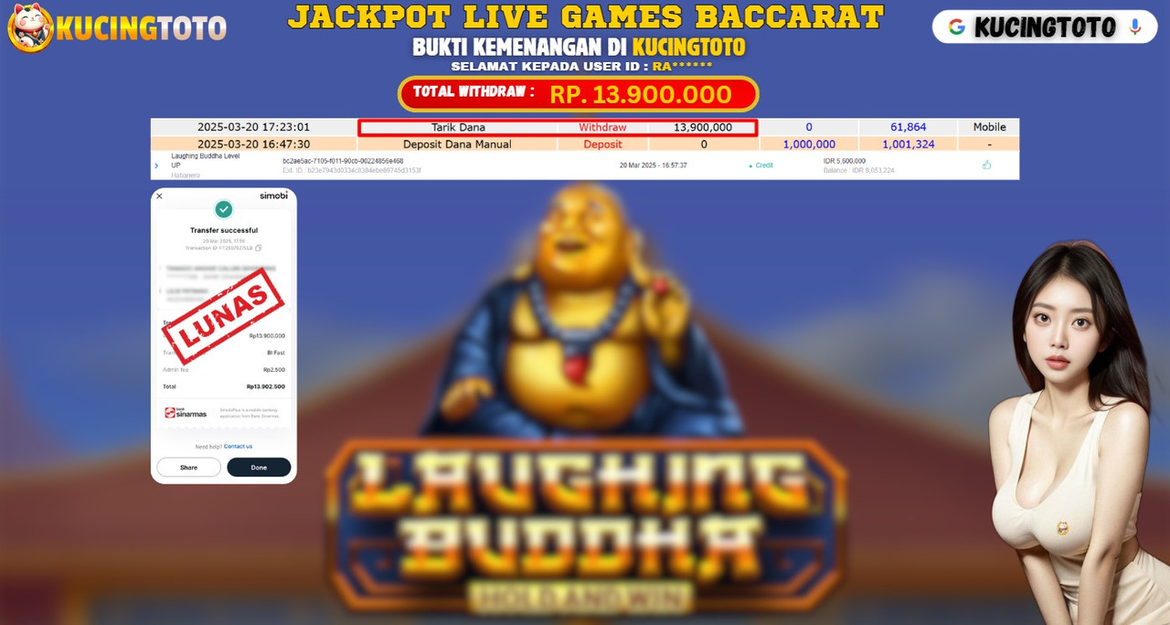 KUCINGTOTO JACKPOT SLOT LAUGHING BUDDHA RP.13.900.000.,- LUNAS
