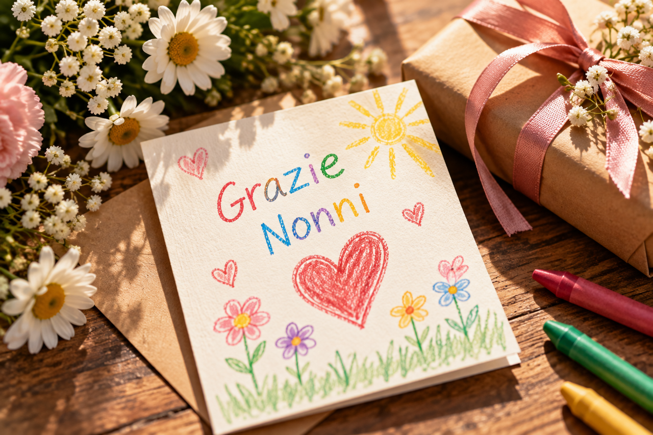 Festa dei Nonni 2026, frasi e biglietti di auguri Festa dei Nonni 2026, biglietto di auguri con la scritta Grazie Nonni, fiori e regalo